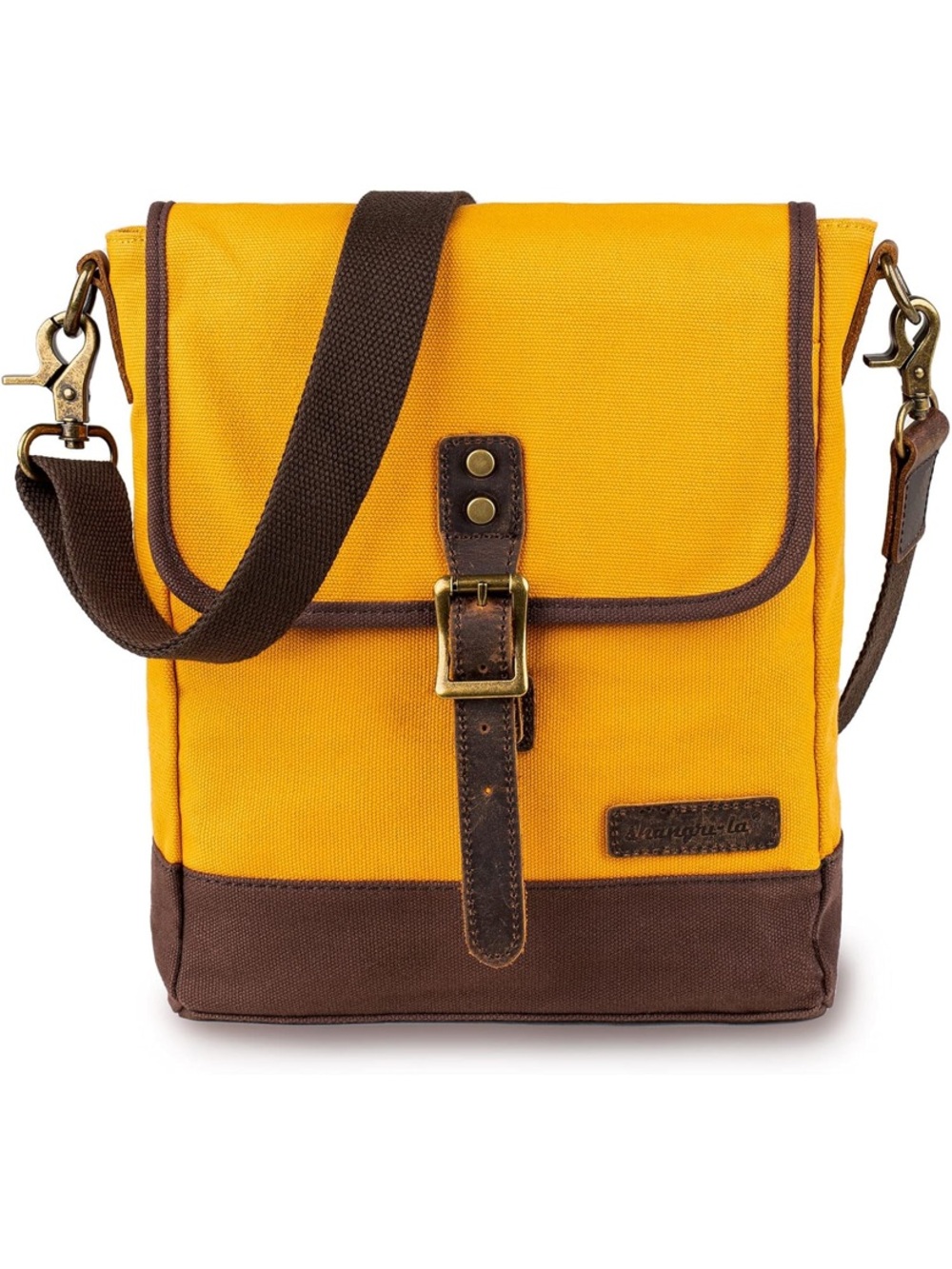 Yellow Canvas Messenger Bag with Brown Trim and Strap